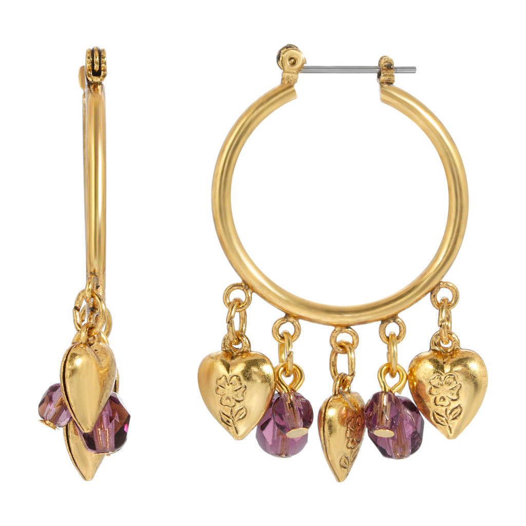 Hoop Earrings with Hearts and Amethyst Color Beads