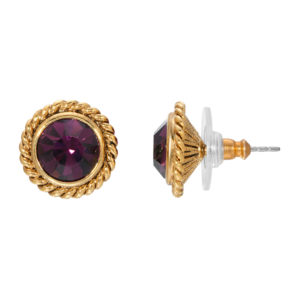14K Gold Dipped Purple Crystal Round Button Earring