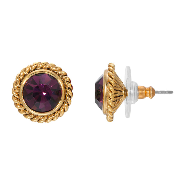 14K Gold Dipped Purple Crystal Round Button Earring