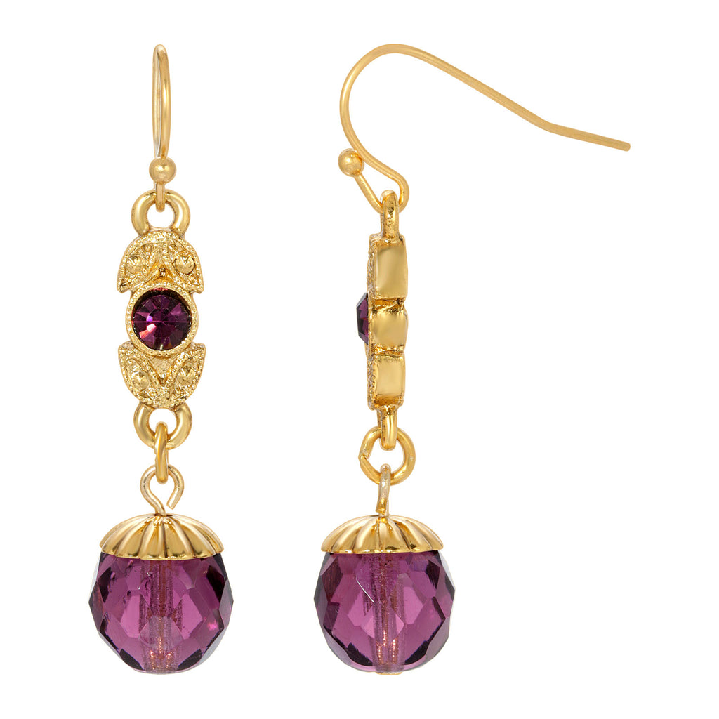 14K Gold Dipped Vintage Style Purple Bead & Crystal Drop Earrings