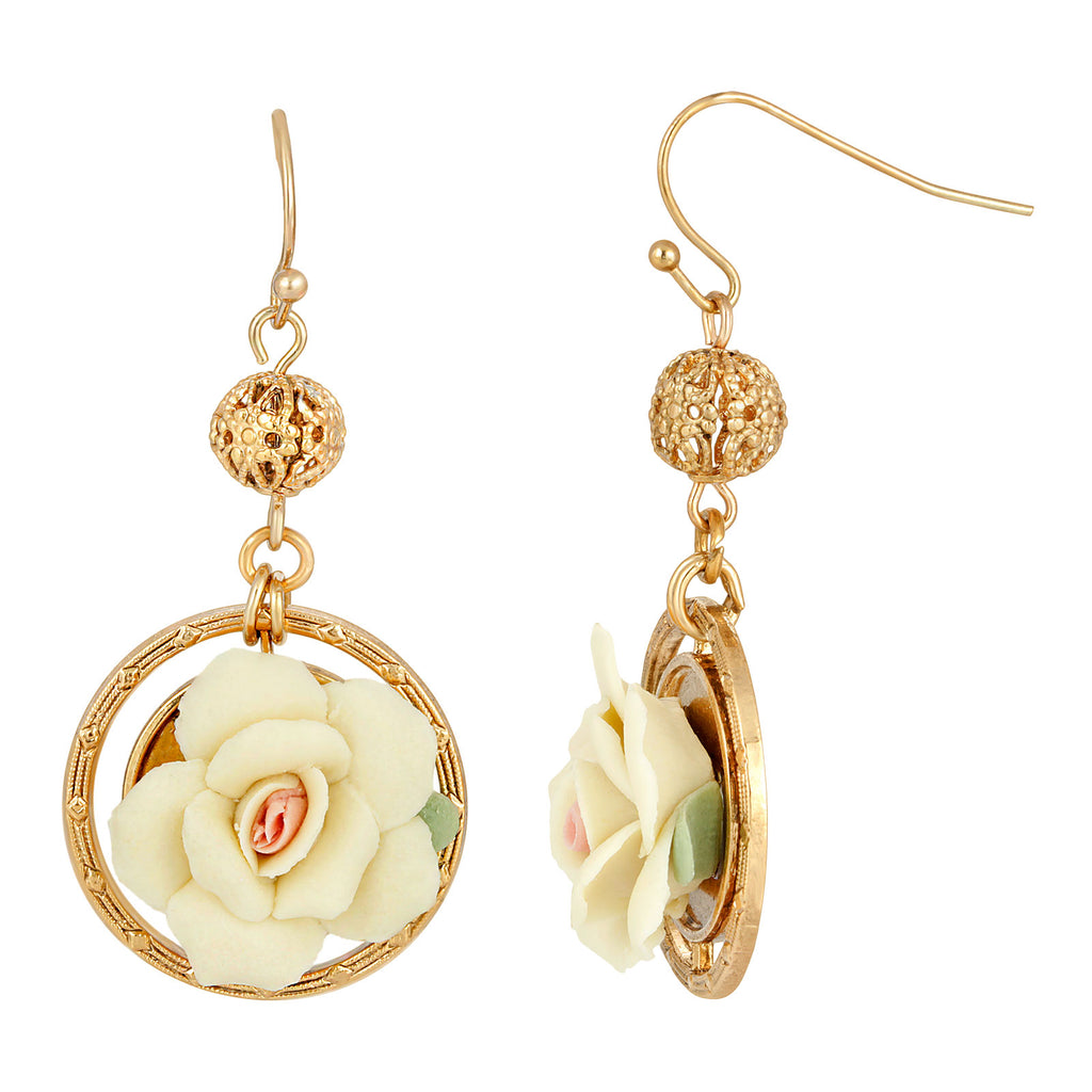 Ivory Filigree Bead Porcelain Rose With Leaf Drop Wire Earrings