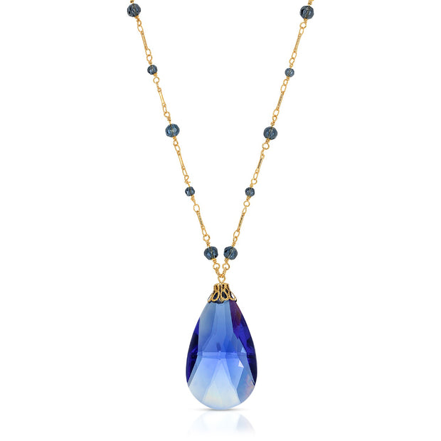 14K Gold Dipped Faceted Briolette Pendant Necklace 30 Inch Blue