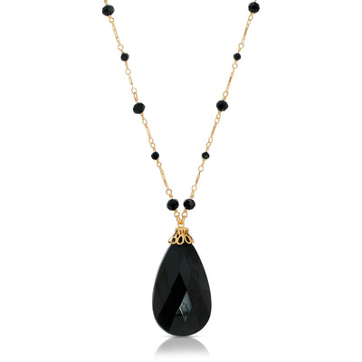 14K Gold Dipped Faceted Briolette Pendant Necklace 30 Inch Black
