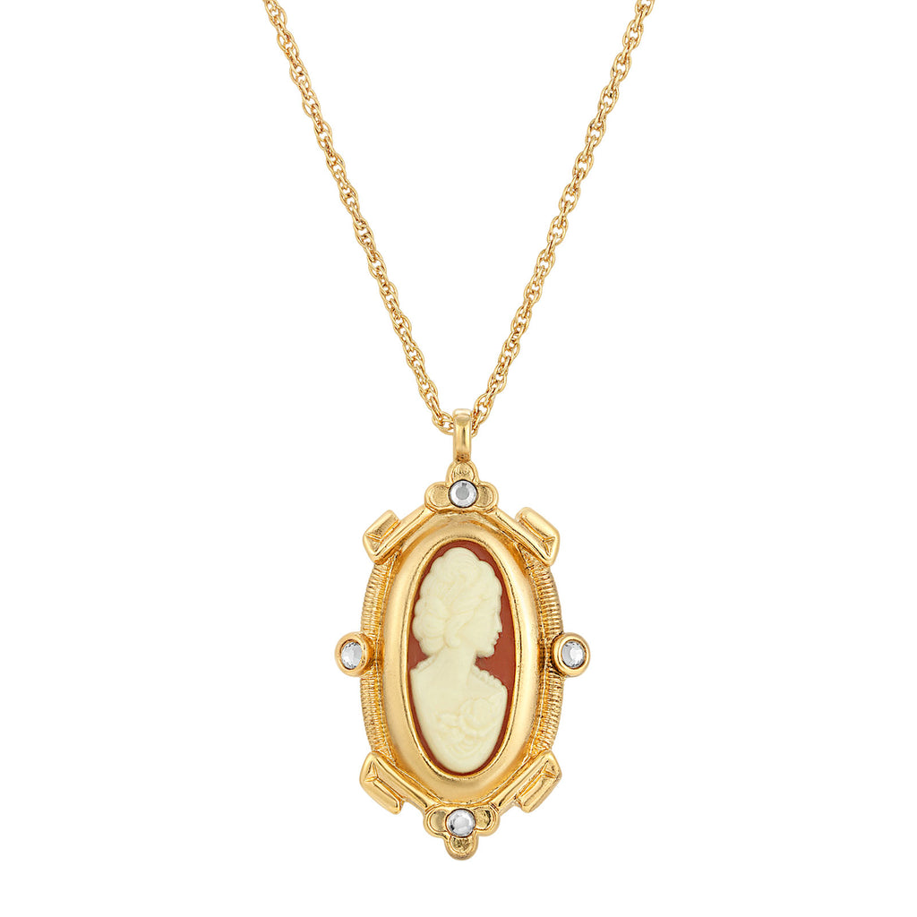 Oval Carnelian Cameo And Crystal Pendant Necklace 18 Inch Chain