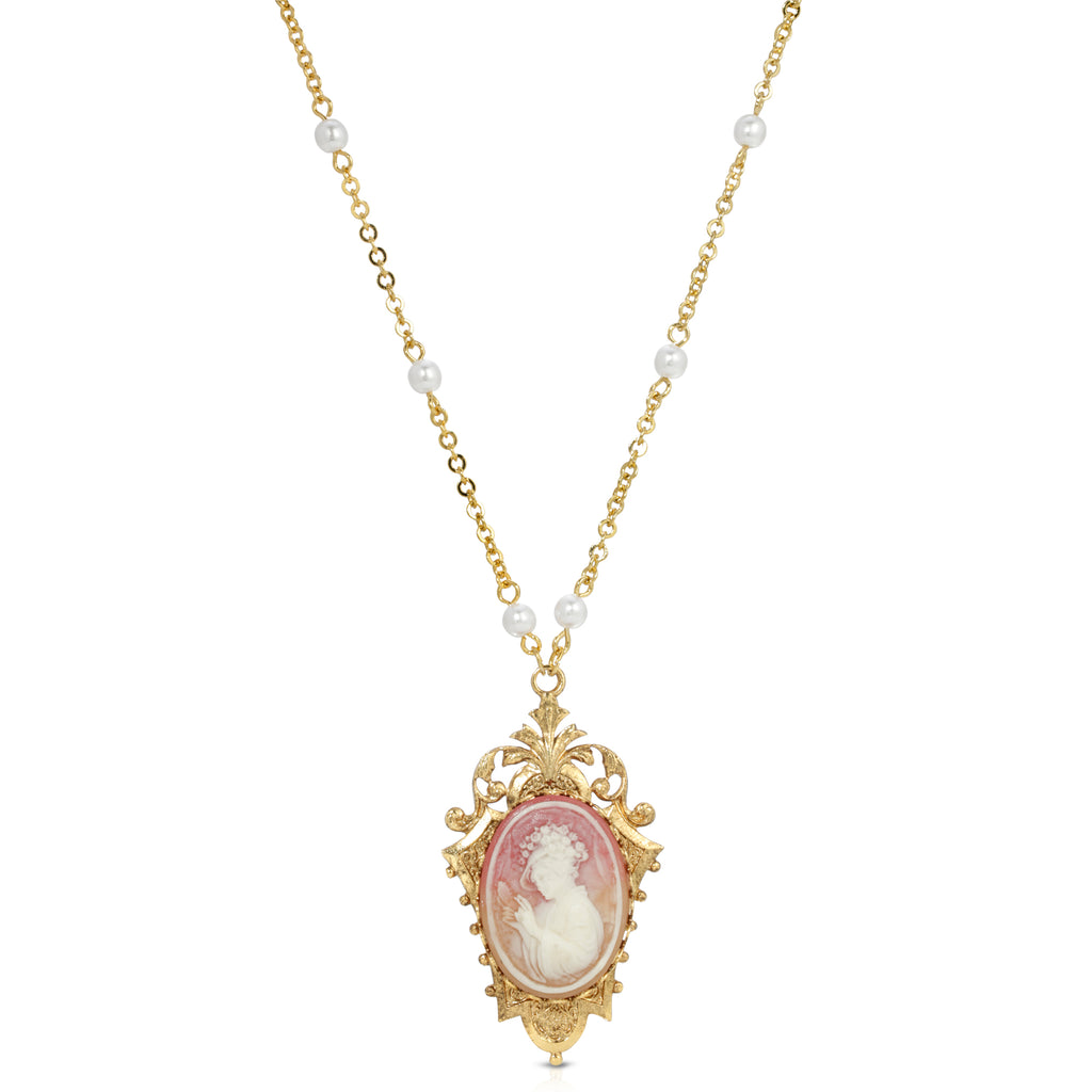 14k Gold Dipped Victorian Women Cultura Bead Pink Carnelian Cameo Pendant Necklace 24 Inch