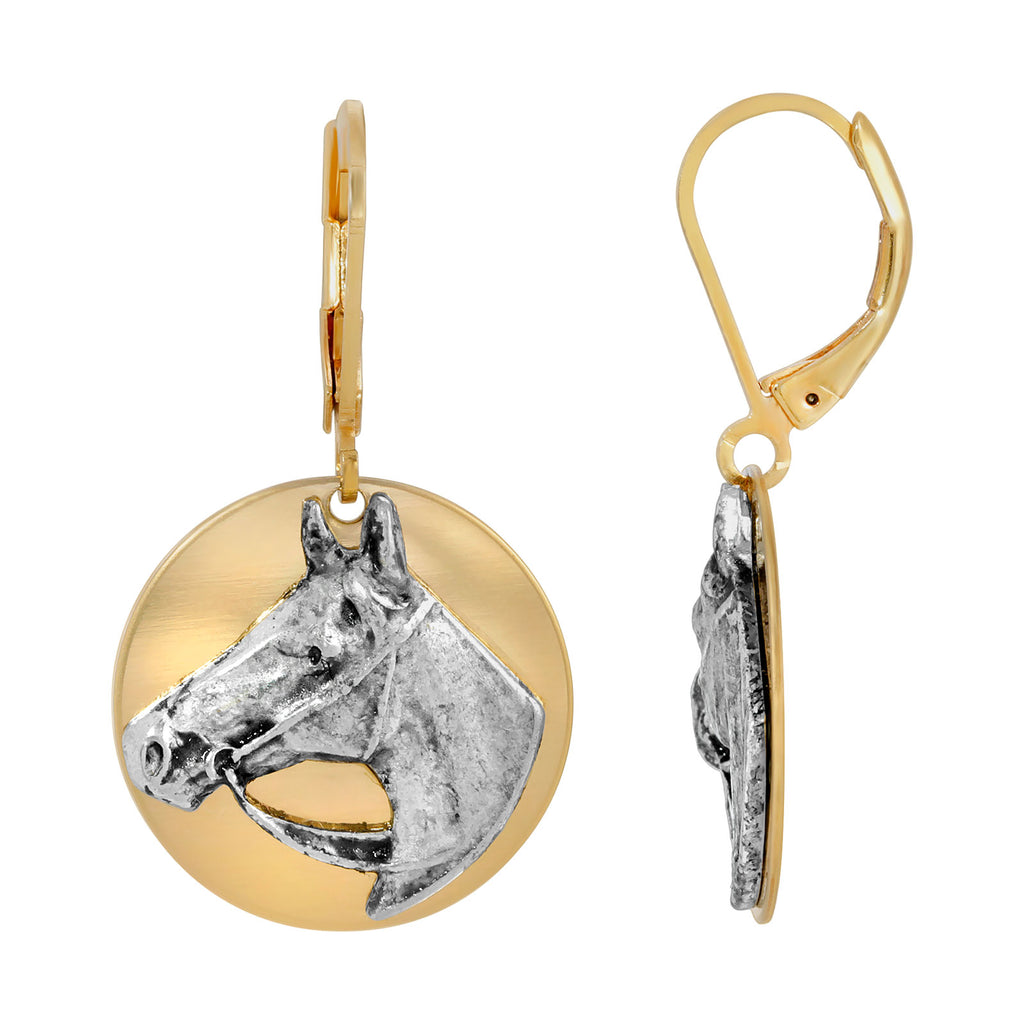 Round 14K Gold Dipped Pewter Horse Head Drop Earrings