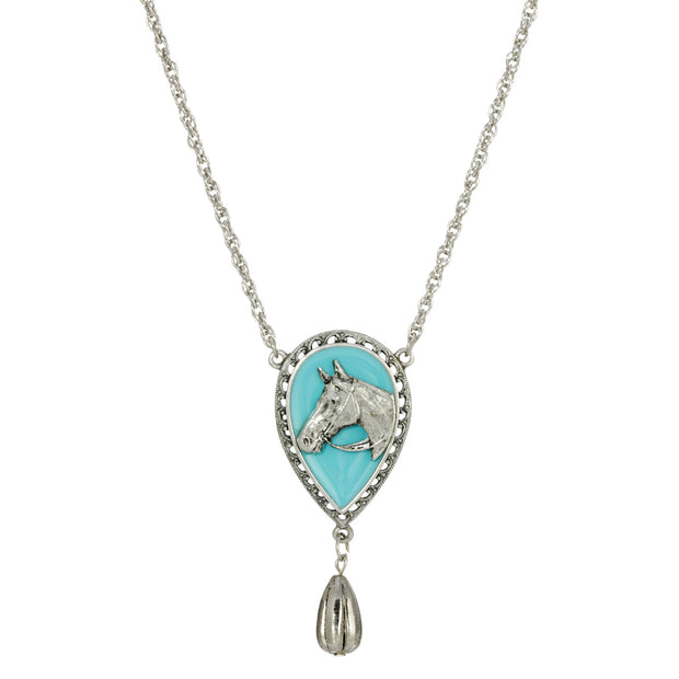  Pear Shape Turquoise Enamel Horse Head Pendant Necklace 18 Inch