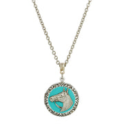Turquoise Enamel Horse Round Locket Necklace 24 Inch