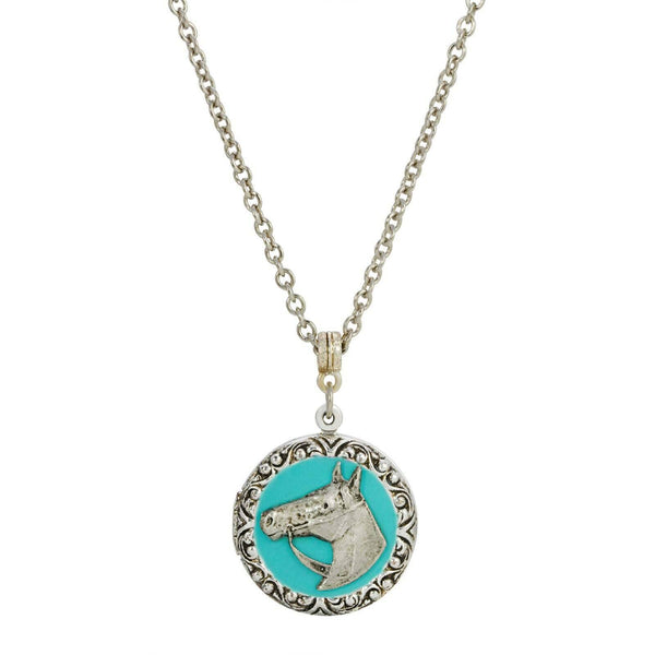 Southwest Turquoise Enamel Horse Head Round Locket Necklace 24"