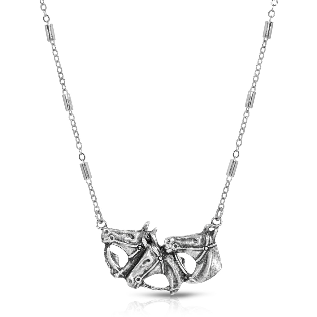 Pewter Triple Horse Head Necklace 16   19 Inch Adjustable