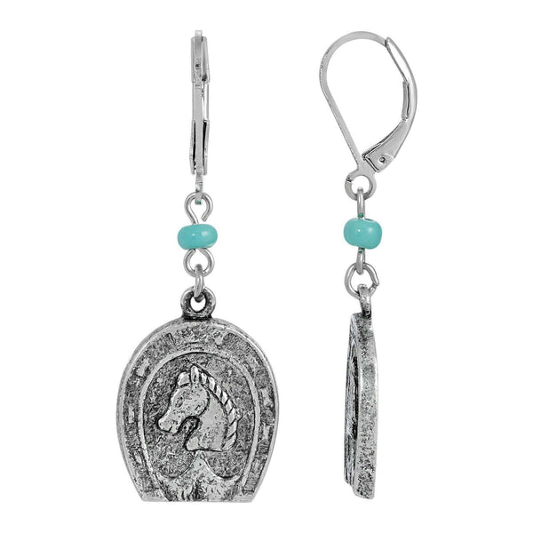 Southwest Turquoise Bead Horseshoe & Horse Dangle Earrings