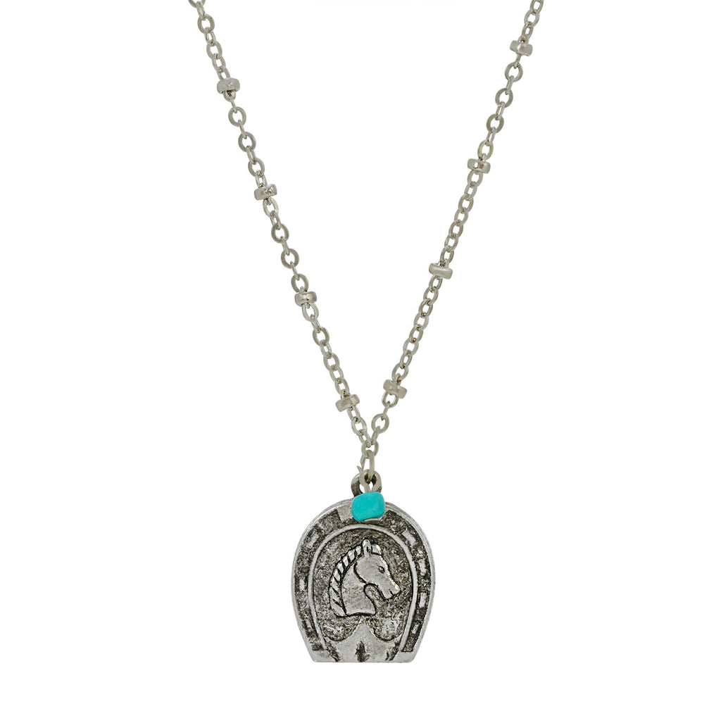 1928 Pewter Horseshoe Horsehead And Turquoise Bead Pendant Necklace 16   19 Inch Adjustable