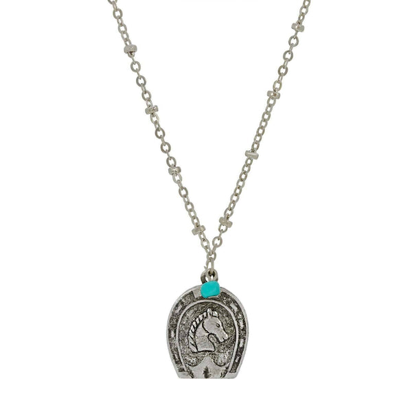Southwest Turquoise Bead Horseshoe & Horse Pendant Necklace 16" + 3" Extender