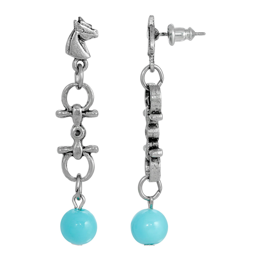 Turquoise Bead Horse Bit And Horse Head Post Drop Earrings