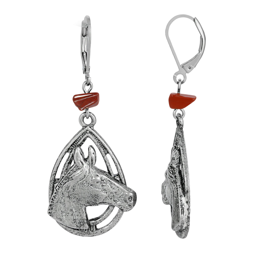 Pewter Horse Head with Red Jasper Semi Precious Stone Earrings