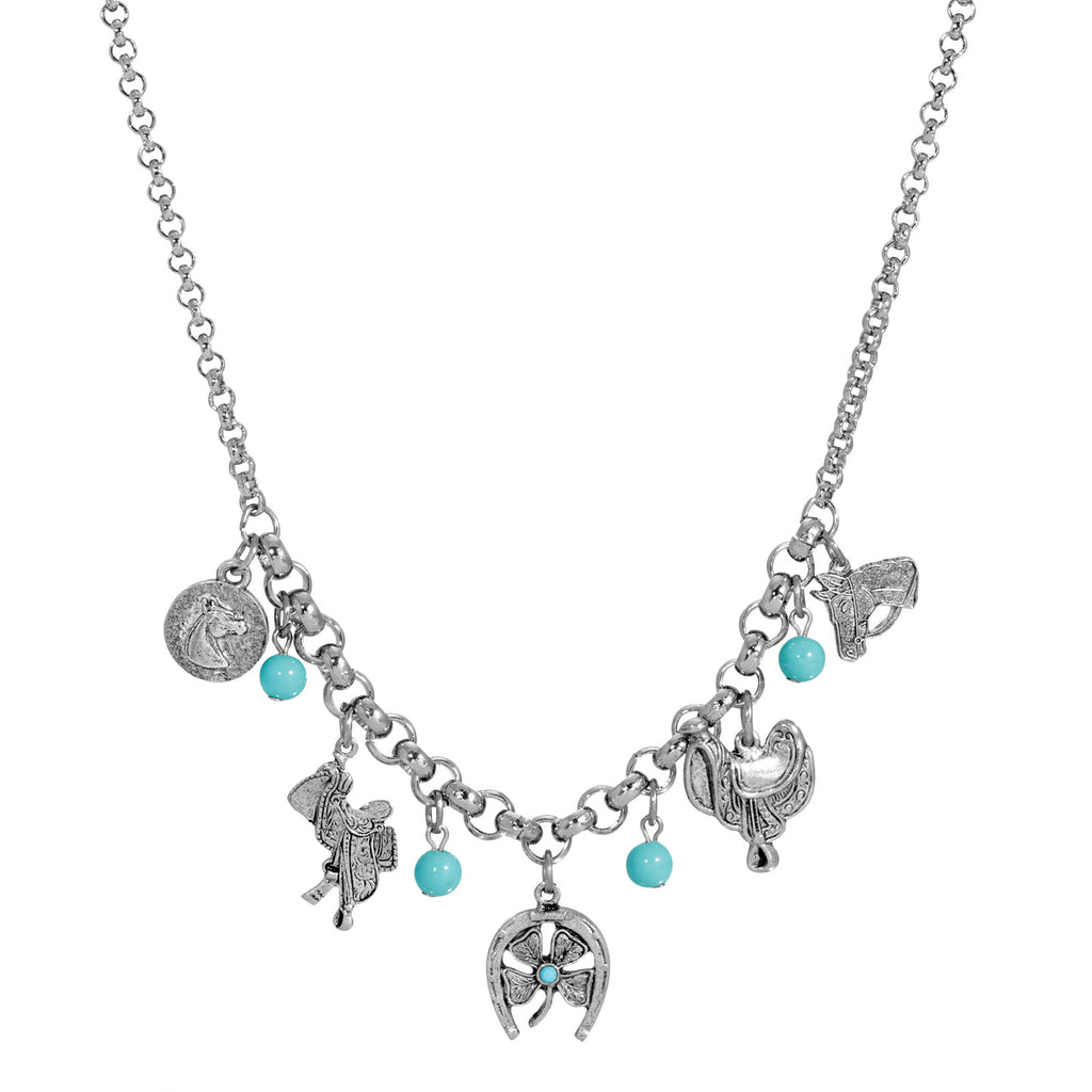 1928  Pewter Equestrian Multi Charm Necklace