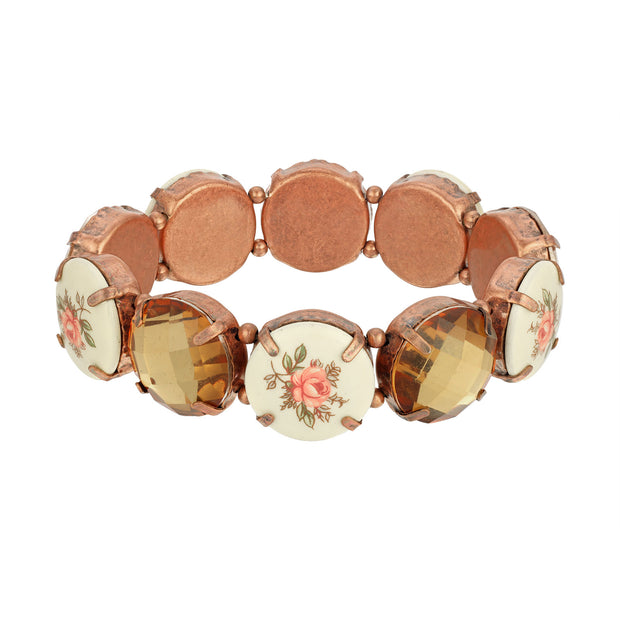 Topaz Copper Tone Vintage Floral Round Stone Stretch Bracelet
