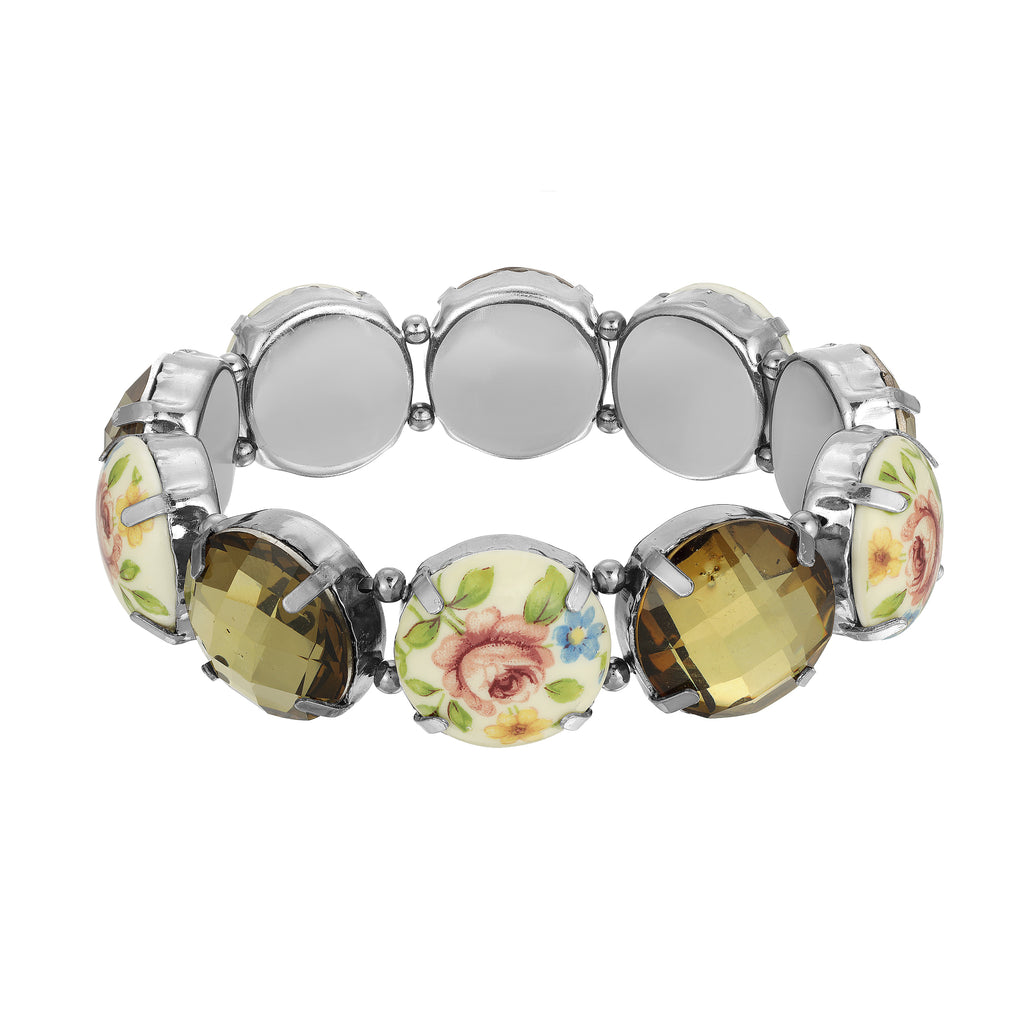 Olivine & Multicolored Floral Stone Stretch Bracelet
