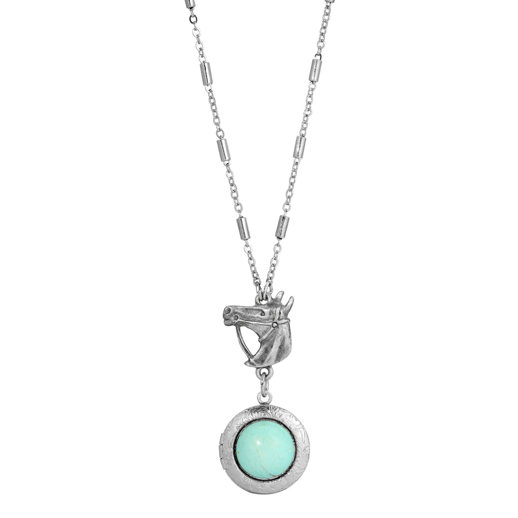 Southwest Turquoise Gemstone Locket Horsehead Necklace 24"