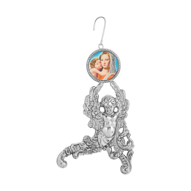 Silver Tone Angel With Mary And Child Decal Ornament