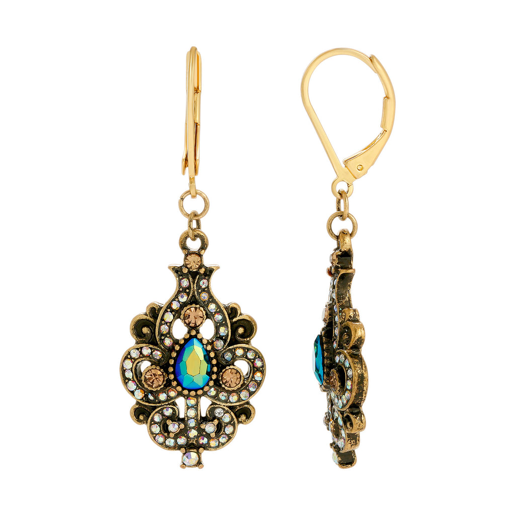 Art Nouveau Style Blue Iridescent AB Glass Drop Earrings