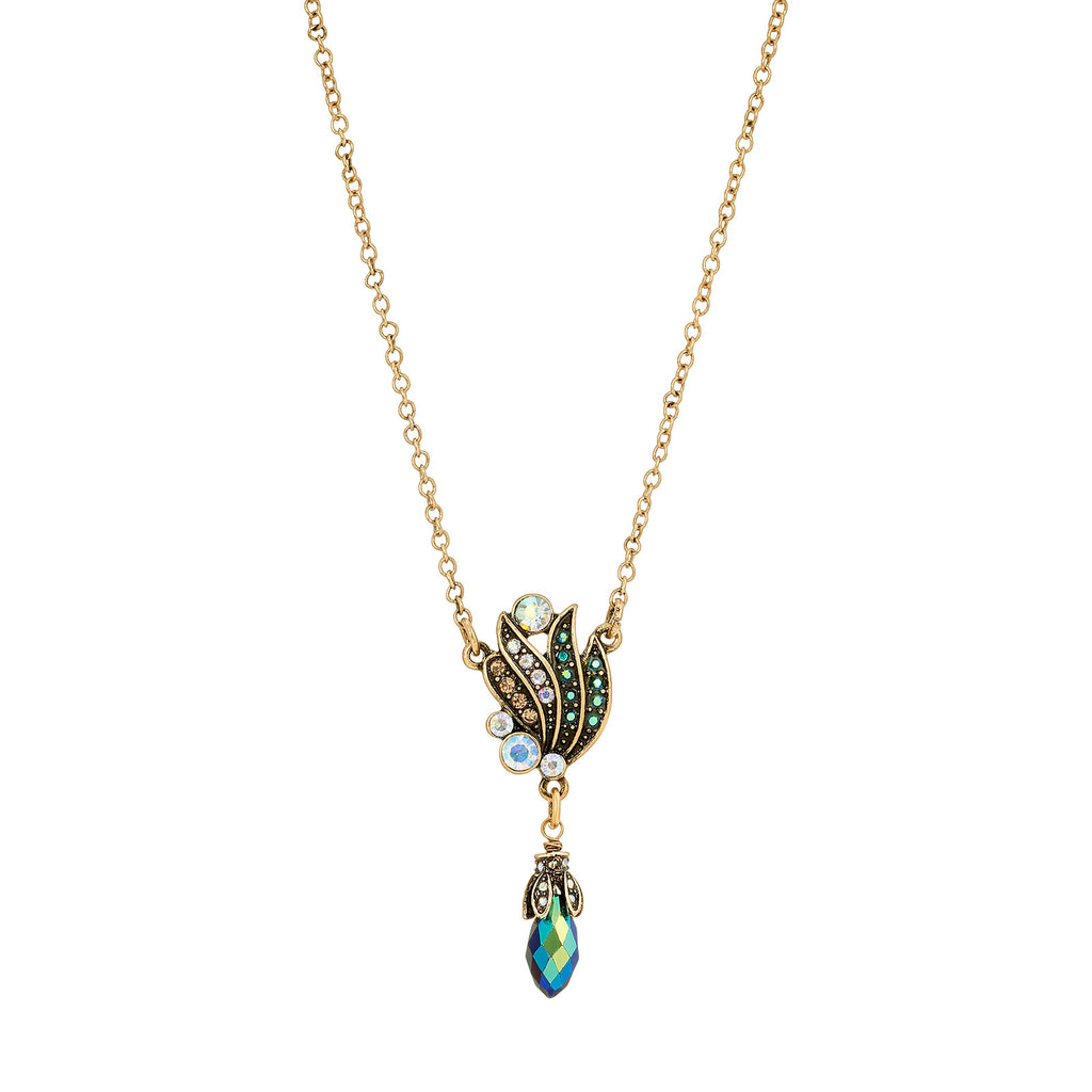 Art Nouveau Style Blue Iridescent AB Drop Pendant Necklace 16   19 Inch Adjustable