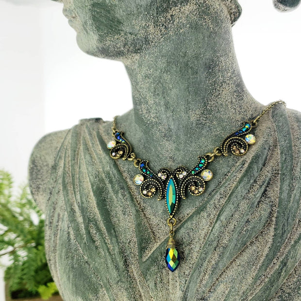 1928 Jewelry Art Nouveau Style Multi AB Glass Stone Drop Pendant Necklace 16" + 3" Extender