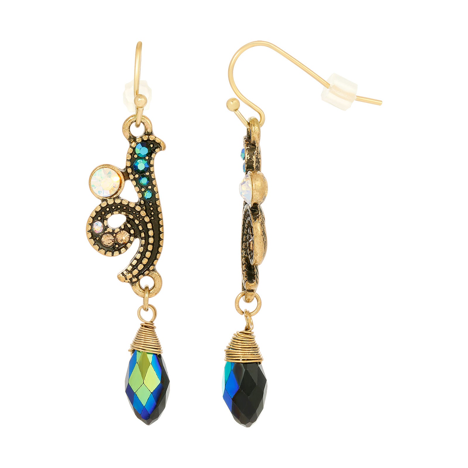 1928 Blue Iridescent AB Glass Drop Bead Fish Hook Earrings