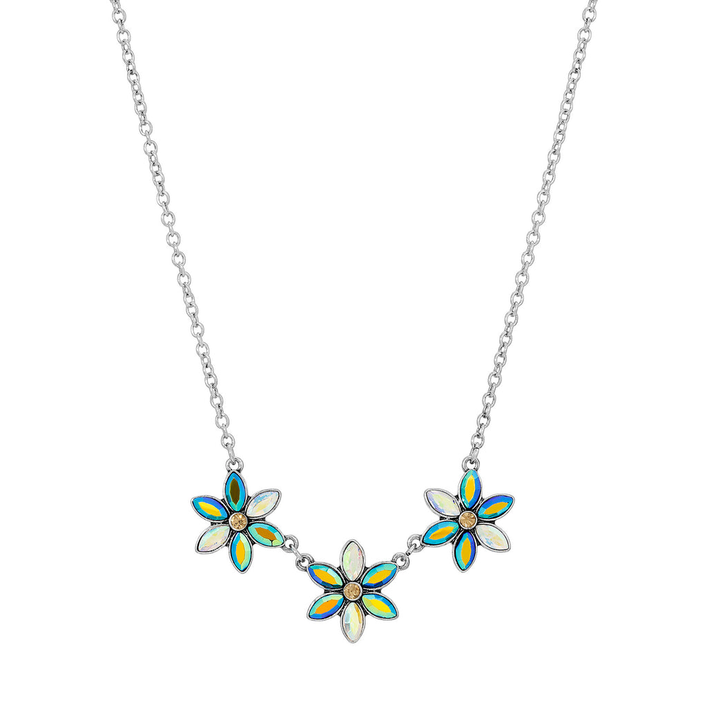 Blue Iridescent AB Glass Flower Necklace 16   19 Inch Adjustable