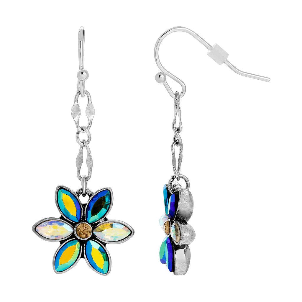 Blue Iridescent AB Glass Flower Drop Earrings