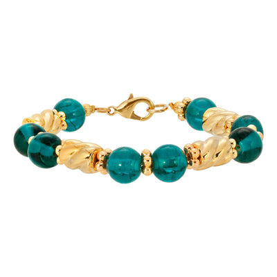 Teal Round Glass & Twisted Gold Tone Bead Bracelet