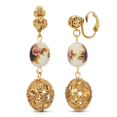 1928 Jewelry Manor House Filigree Puff Ball Flower Bead Dangle Earrings