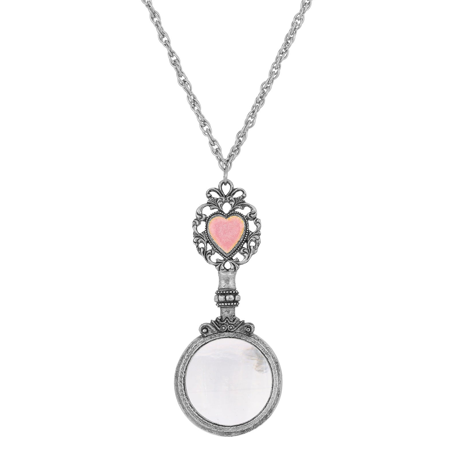 1928 Jewelry Pewter Pink Heart Magnifying Glass 28 Necklace