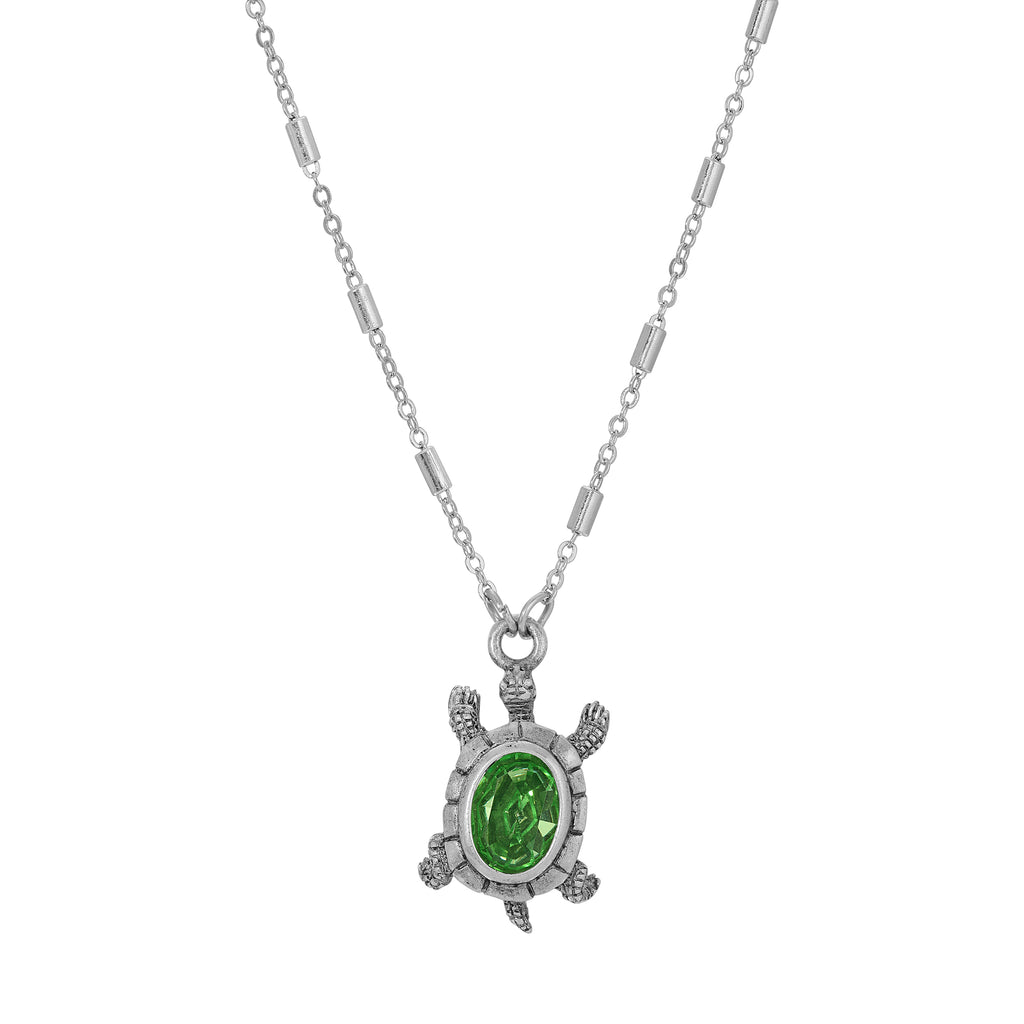 Green Crystal Turtle Pendant Necklace 18"