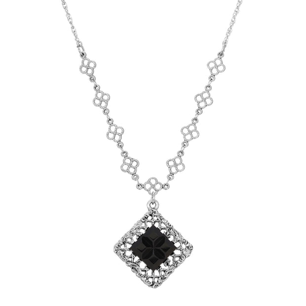 Belladonna Black Glass Stone Filigree Pendant Necklace 18"