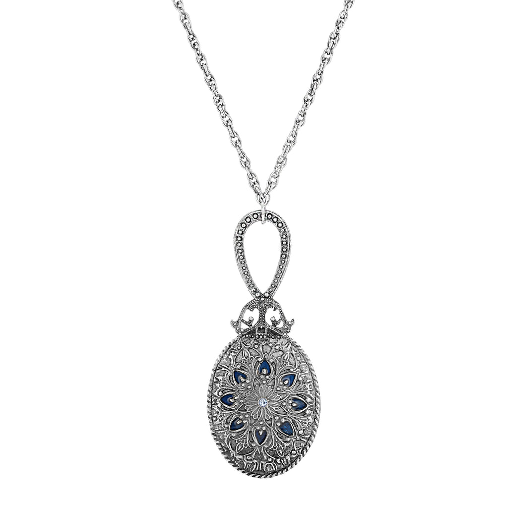 Deco Floral Blue Enamel Sapphire Crystal Mirror Pendant Necklace 30"