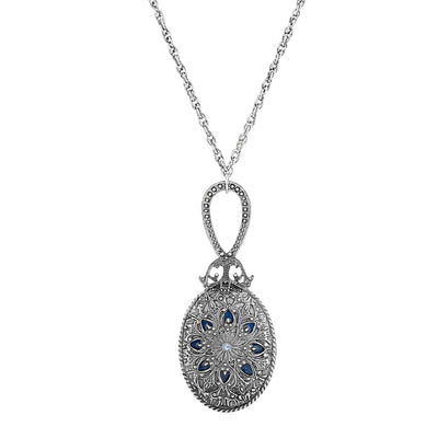 1928 Jewelry Deco Floral Blue Enamel Sapphire Crystal Mirror Pendant Necklace 30"