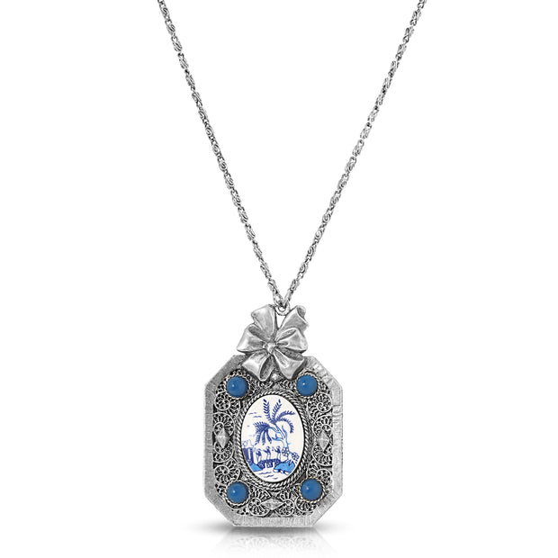 Blue Willow Octagon Pendant Mirror Necklace 30 Inch