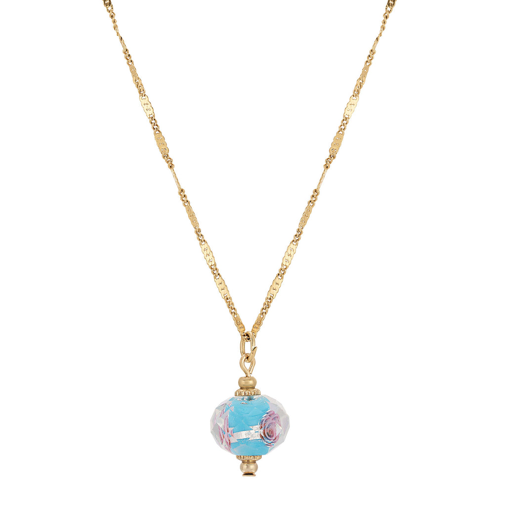 Glass Rondell Flower Bead Drop Necklace 15   18 Inch Adjustable (Light Blue)