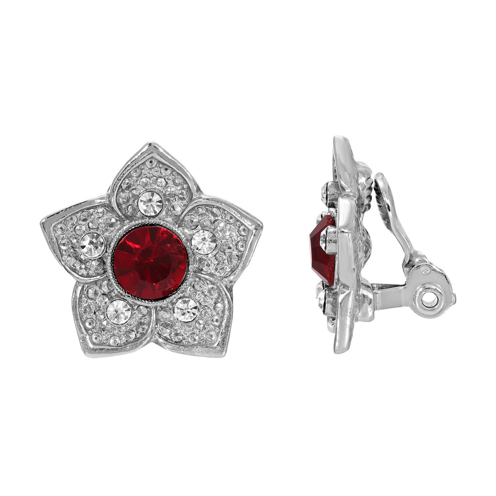 Siam Red Euro Crystal Flower Clip On Earrings