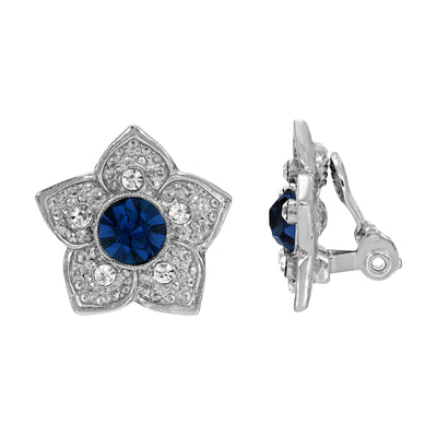 Dark Blue Euro Crystal Flower Clip On Earrings