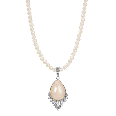 Teardrop Faux Pearl Crystal Accent 4mm Pearl Strand Necklace