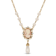 Pink Oval Cameo Crystal Faux Pearl Teardrop Pendant Necklace 16" + 3" Extender