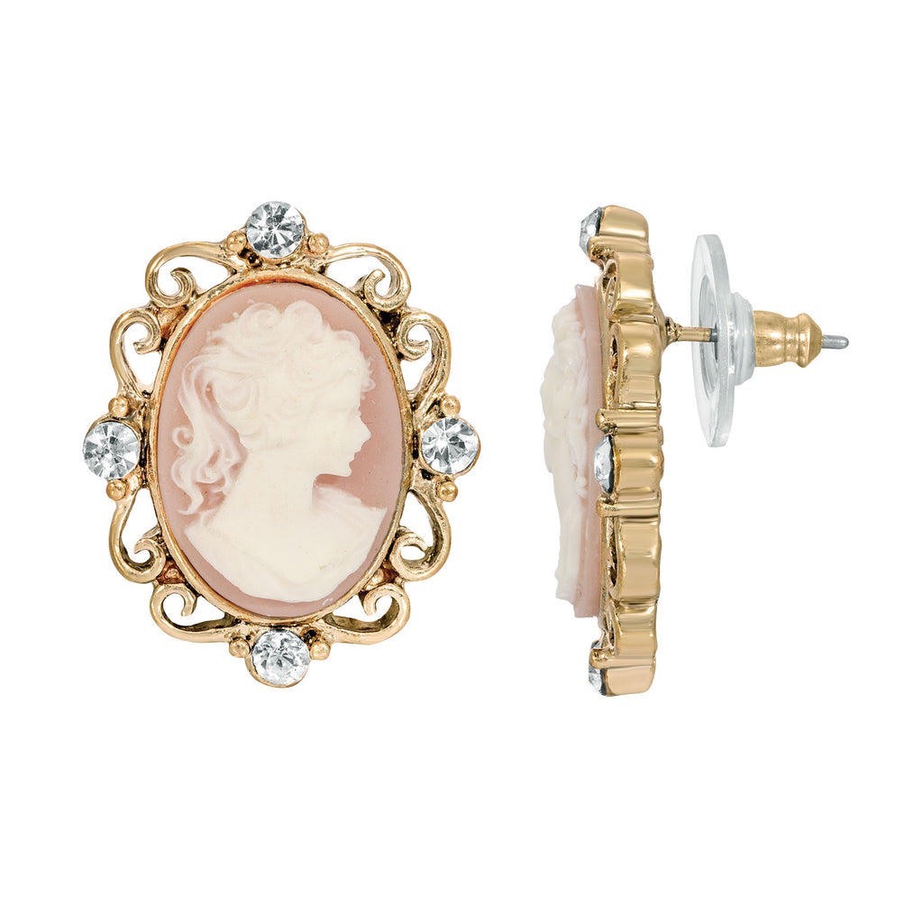 Oval Angel Pink Cameo Crystal Button Earrings