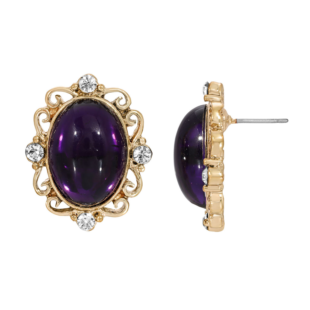 Oval Amethyst Purple Stone Crystal Accent Button Earrings