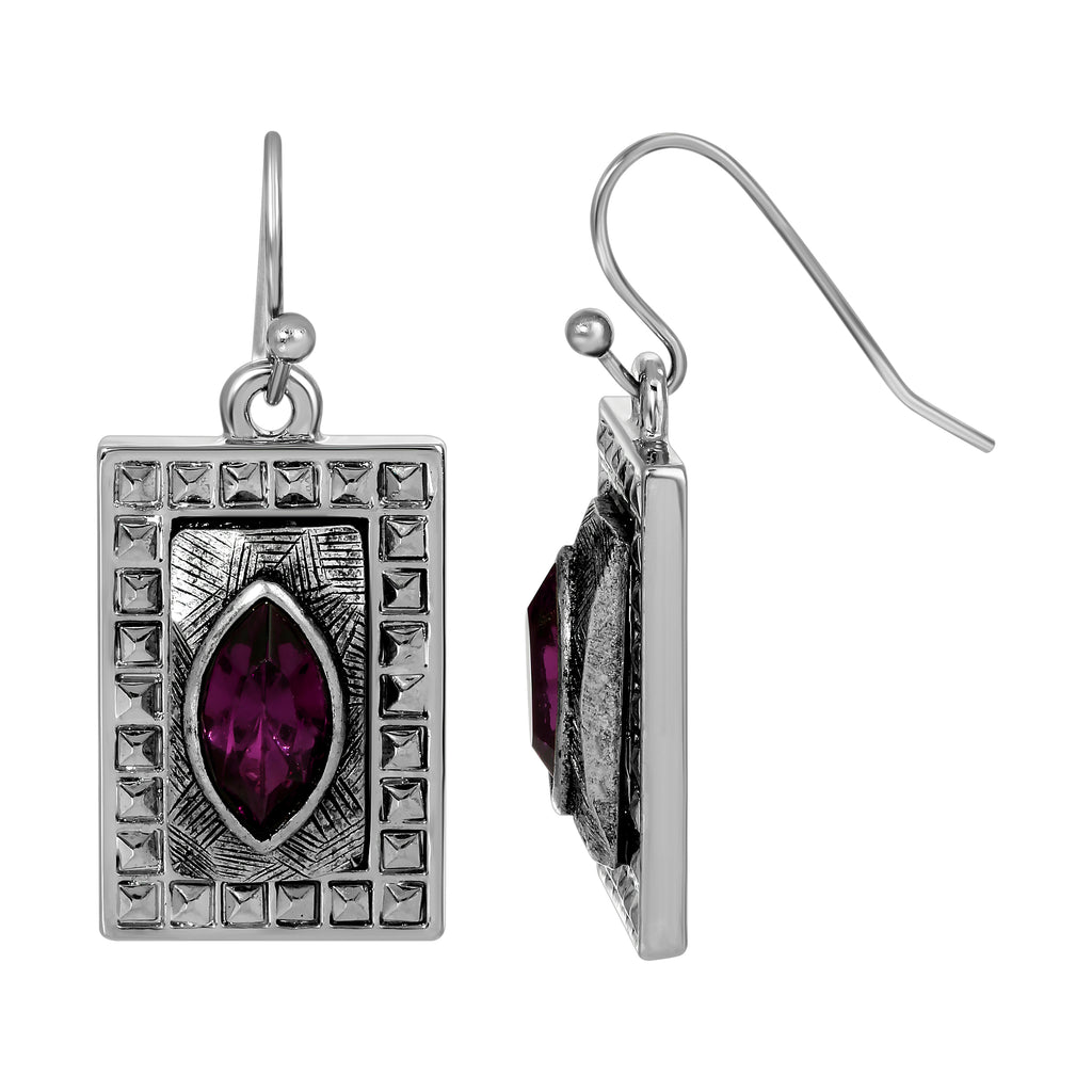 Rectangular Purple Amethyst Glass Crystal Drop Earrings