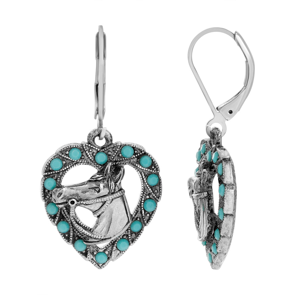 Heart With Horse Turquoise Crystal Drop Earrings