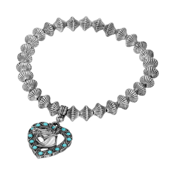 Heart Horse Head Turquoise Crystal Lantern Bead Stretch Bracelet