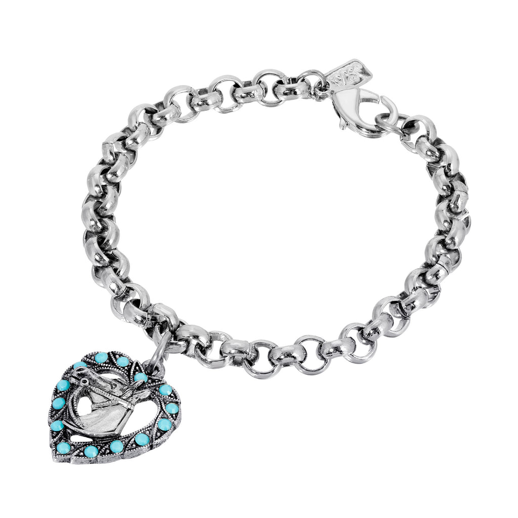 Heart With Horse Turquoise Crystal Round Link Bracelet
