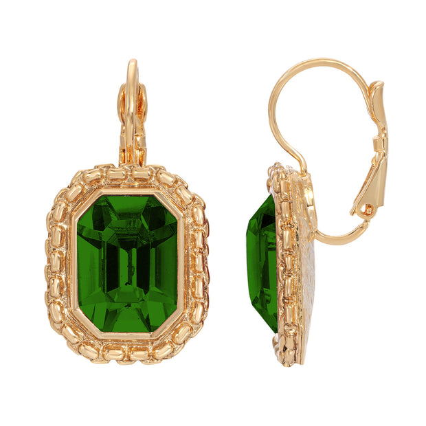 Octagon Dark Green Swarovski Crystal Element Lever Back Earrings